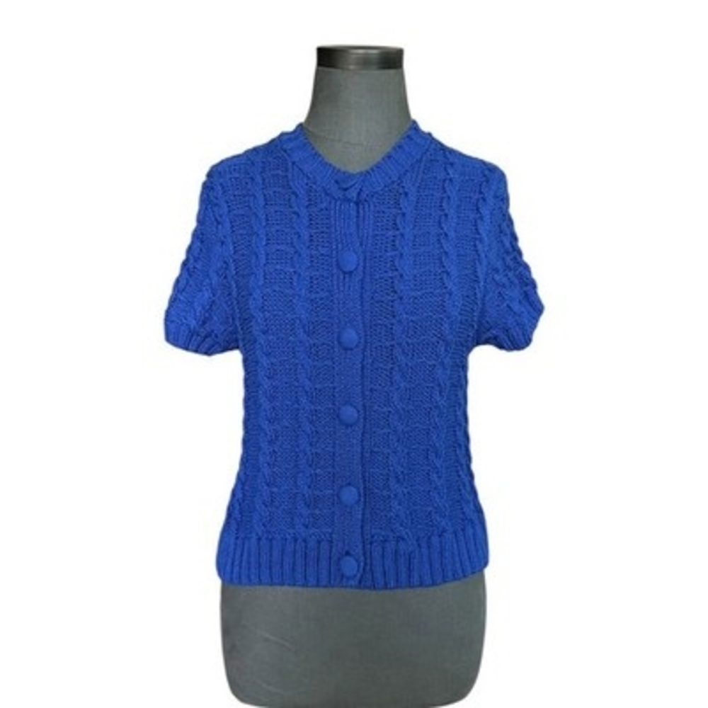 ZARA Vibrant Blue Cable Knit Button Up Cardigan Short Sleeve Womens M VG - Picture 4 of 8